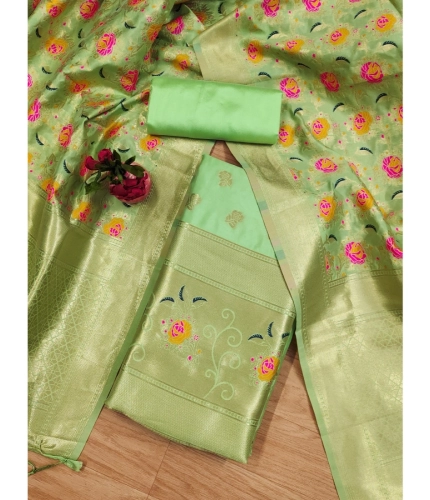 Women's Banarasi Silk Printed Unstitched Salwar Suit Material With Dupatta (Pista, 3Mtrs)