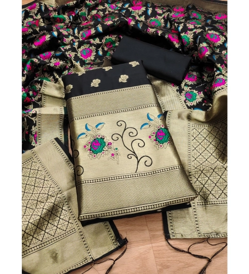 Women's Banarasi Silk Printed Unstitched Salwar Suit Material With Dupatta (Black, 3Mtrs)