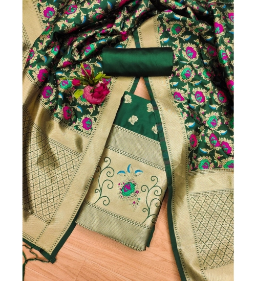 Women's Banarasi Silk Printed Unstitched Salwar Suit Material With Dupatta (Green, 3Mtrs)
