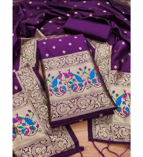 Women's Banarasi Silk Printed Unstitched Salwar Suit Material With Dupatta (Purple, 3Mtrs)