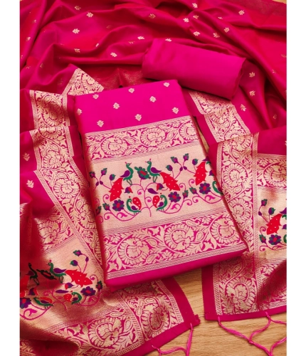 Women's Banarasi Silk Printed Unstitched Salwar Suit Material With Dupatta (Pink, 3Mtrs) Women's Banarasi Silk Printed Unstitched Salwar Suit Material With Dupatta (Pink, 3Mtrs)