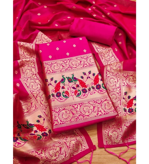 Women's Banarasi Silk Printed Unstitched Salwar Suit Material With Dupatta (Pink, 3Mtrs)