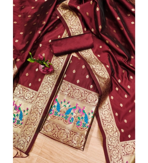 Women's Banarasi Silk Printed Unstitched Salwar Suit Material With Dupatta (Maroon, 3Mtrs)
