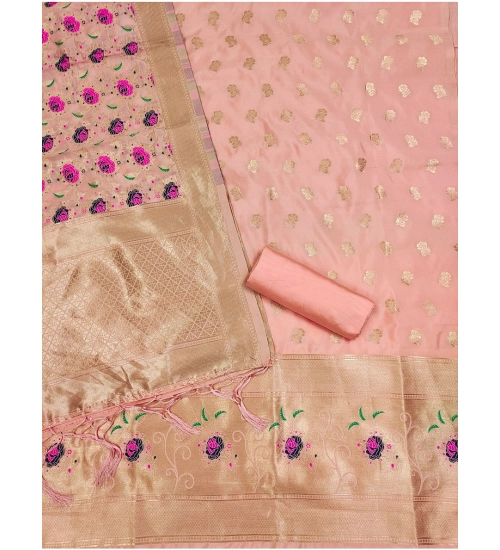 Women's Banarasi Silk Printed Unstitched Salwar Suit Material With Dupatta (Peach, 3Mtrs)