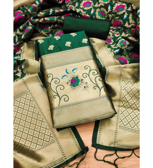 Women's Banarasi Silk Printed Unstitched Salwar Suit Material With Dupatta (Green, 3Mtrs)