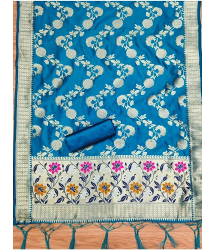 Women's Banarasi Silk Printed Unstitched Salwar Suit Material With Dupatta (Blue, 3Mtrs) Women's Banarasi Silk Printed Unstitched Salwar Suit Material With Dupatta (Blue, 3Mtrs)