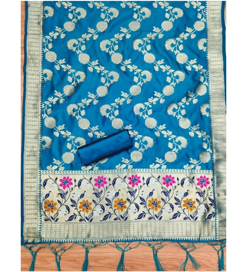 Women's Banarasi Silk Printed Unstitched Salwar Suit Material With Dupatta (Blue, 3Mtrs)