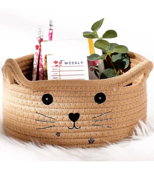 Cotton Small Cat With Face Basket Pack of 1 (Beige)