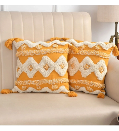 Cotton Tufted Cushion Pillow Cover 16x16 Inch Pack of 2 (Yellow White)