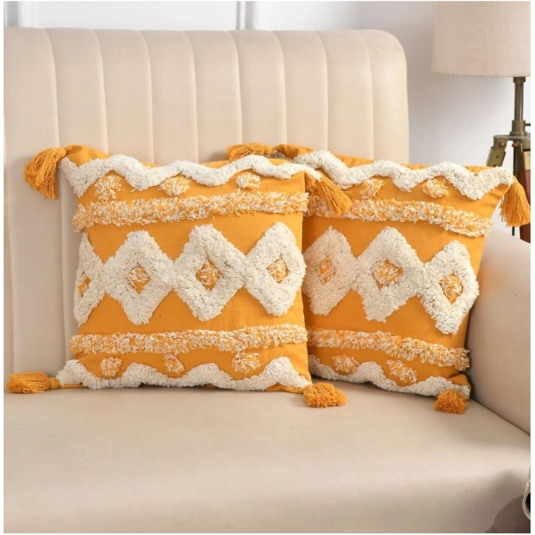 Dropship Cotton Tufted Cushion Pillow Cover 16x16 Inch Pack of 2 (Yellow White)