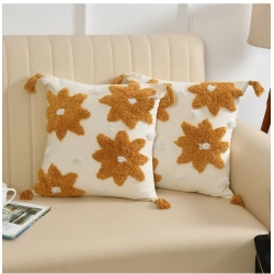 Cotton Flower Tufted Cushion Pillow Cover 16x16 Inch Pack of 2 (Yellow)