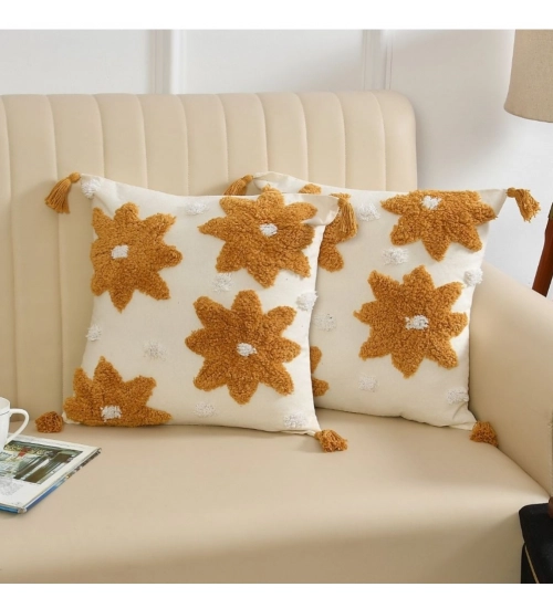 Cotton Flower Tufted Cushion Pillow Cover 16x16 Inch Pack of 2 (Yellow)