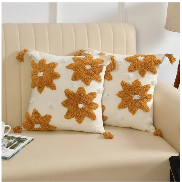 Dropship Cotton Flower Tufted Cushion Pillow Cover 16x16 Inch Pack of 2 (Yellow)