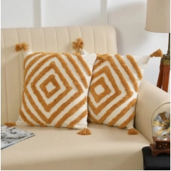 Cotton Diamond Tufted Cushion Pillow Cover 16x16 Inch Pack of 2 (Yellow)