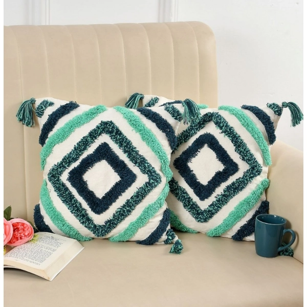 Dropship Cotton Tufted Cushion Pillow Cover 16x16 Inch Pack of 2 (Green)