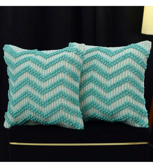Cotton Handcrafted Pit Loom Cushion Cover 16x16 Inch Pack of 2 (Sea Green)