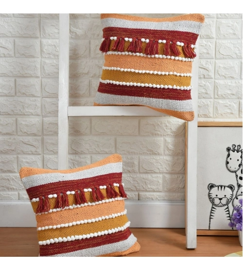 Cotton Handcrafted Pit Loom Cushion Cover 16x16 Inch Pack of 2 (Orange)