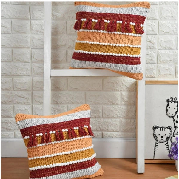 Dropship Cotton Handcrafted Pit Loom Cushion Cover 16x16 Inch Pack of 2 (Orange)