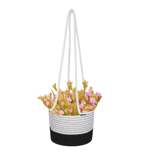 Cotton Hanging Planter Flower Basket Pack of 1 (Black &White)