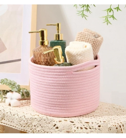 Cotton Round Small Storage Basket 9x7 Inch Pack of 1 (Baby Pink)