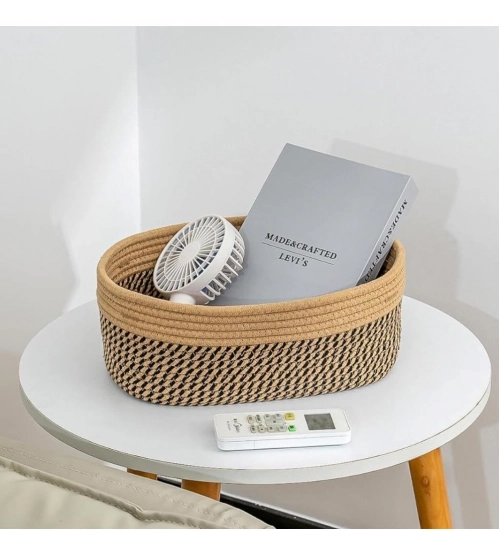 Cotton Oval Storage Rope Woven Baskets Pack of 1 (Beige Black)