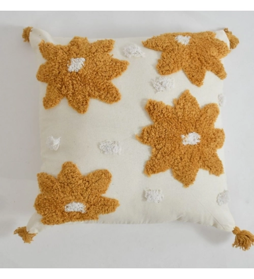 Cotton Flower Tufted Cushion Pillow Cover 16x16 Inch Pack of 2 (Yellow)