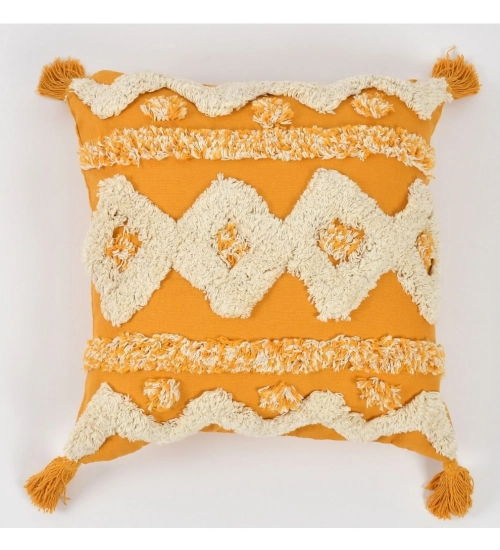 Cotton Tufted Cushion Pillow Cover 16x16 Inch Pack of 2 (Yellow White)