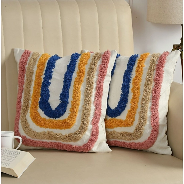 Dropship Cotton Tufted Cushion Pillow Cover 16x16 Inch Pack of 2 (Ranibow)
