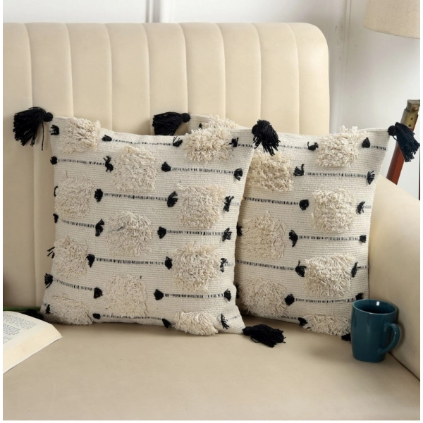 Dropship Cotton Handcrafted Pit Loom Cushion Cover 16x16 Inch Pack of 2 (Black)