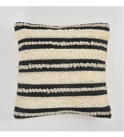 Cotton Striped Handcrafted Pit Loom Cushion Cover 16x16 Inch Pack of 2 (Black Cream)