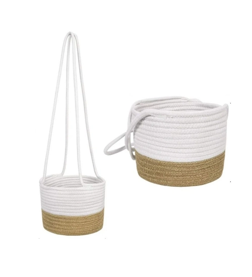Cotton Hanging Planter Flower Basket Pack of 1 (Beige White)