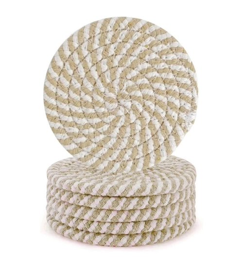 Cotton Rope Drink Coasters 6 Pcs Set (Beige White)
