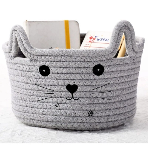 Cotton Small Cat With Face Basket Pack of 1 (Grey)