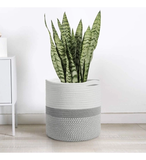 Cotton Large Woven Storage Basket 11x11 Inch Pack of 1 (Grey White)