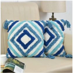 Cotton Tufted Cushion Pillow Cover 16x16 Inch Pack of 2 (Blue)