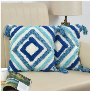 Generic Cotton Tufted Cushion Pillow Cover 16x16 Inch Pack of 2 (Blue)