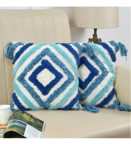 Cotton Tufted Cushion Pillow Cover 16x16 Inch Pack of 2 (Blue)