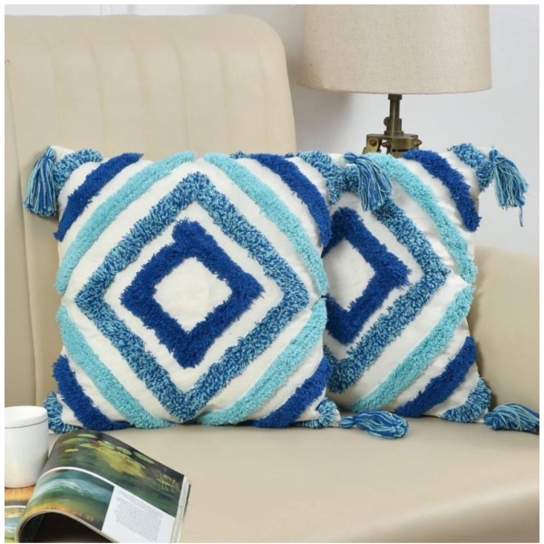 Dropship Cotton Tufted Cushion Pillow Cover 16x16 Inch Pack of 2 (Blue)
