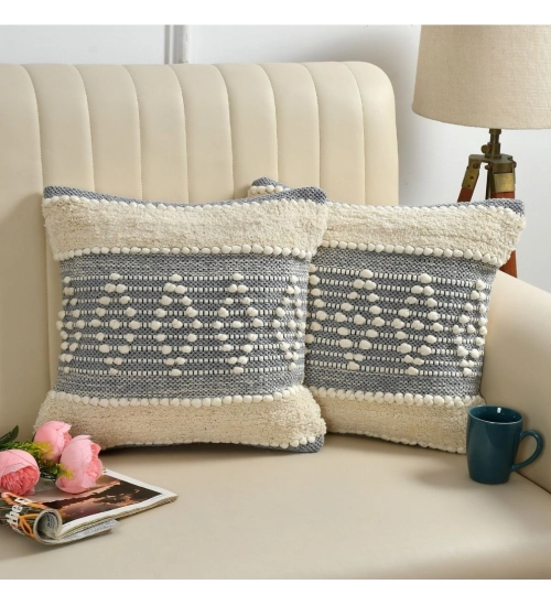 Cotton Diamond Handcrafted Pit Loom Cushion Cover 16x16 Inch Pack of 2 (Grey Cream)