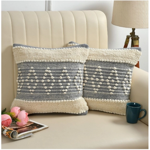 Dropship Cotton Diamond Handcrafted Pit Loom Cushion Cover 16x16 Inch Pack of 2 (Grey Cream)