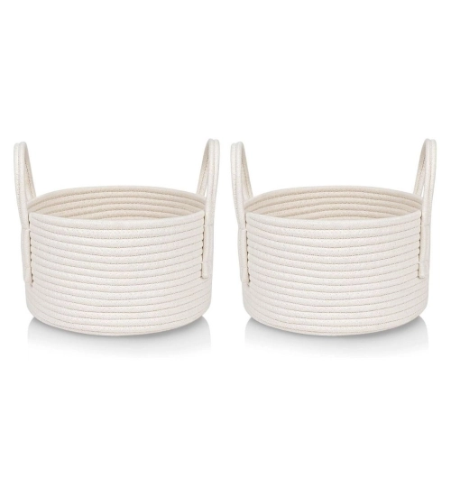 Cotton Round Storage Rope Woven Baskets Pack of 2 (White)