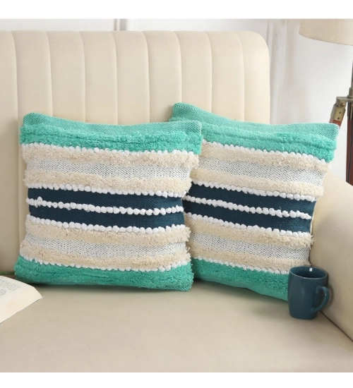 Cotton Striped Handcrafted Pit Loom Cushion Cover 16x16 Inch Pack of 2 (Green Cream)