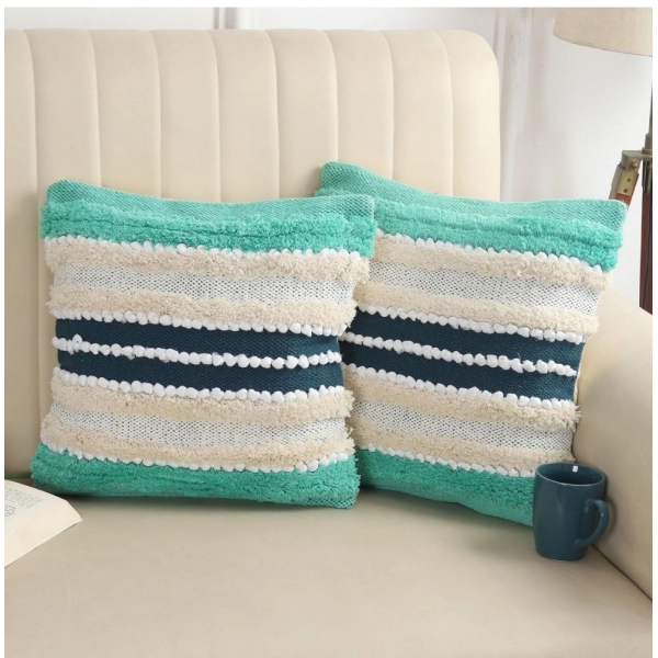 Dropship Cotton Striped Handcrafted Pit Loom Cushion Cover 16x16 Inch Pack of 2 (Green Cream)
