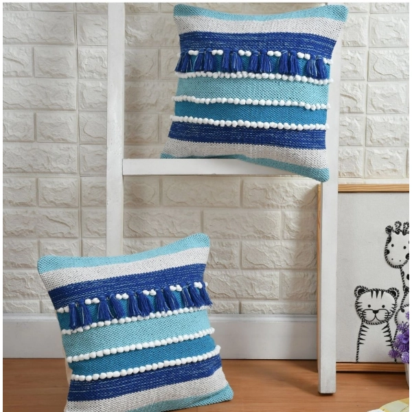 Dropship Cotton Handcrafted Pit Loom Cushion Cover 16x16 Inch Pack of 2 (Blue)