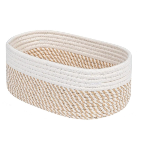 Cotton Oval Storage Rope Woven Baskets Pack of 1 (Beige White)