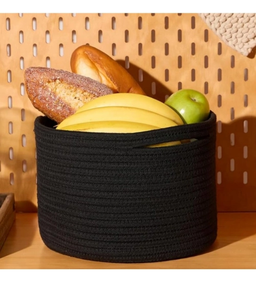 Cotton Round Small Storage Basket 9x7 Inch Pack of 1 (Black)