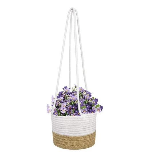 Cotton Hanging Planter Flower Basket Pack of 1 (Beige White)