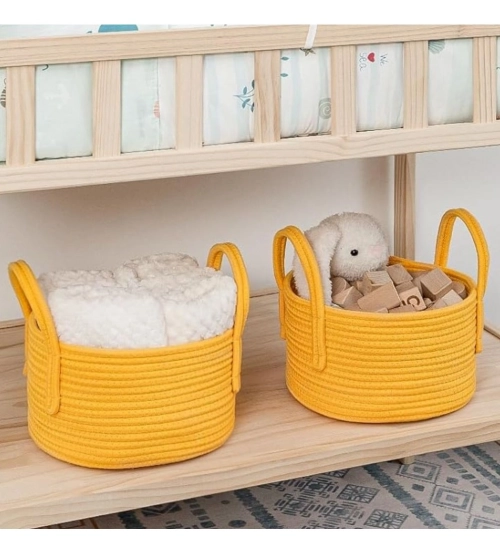Cotton Round Storage Rope Woven Baskets Pack of 2 (Yellow)