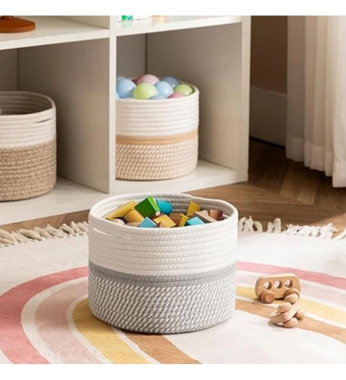 Cotton Storage Rope Woven Baskets 9x7 Inch Pack of 1 (Grey)