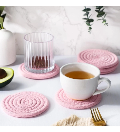 Cotton Rope Drink Coasters 6 Pcs Set (Baby Pink)